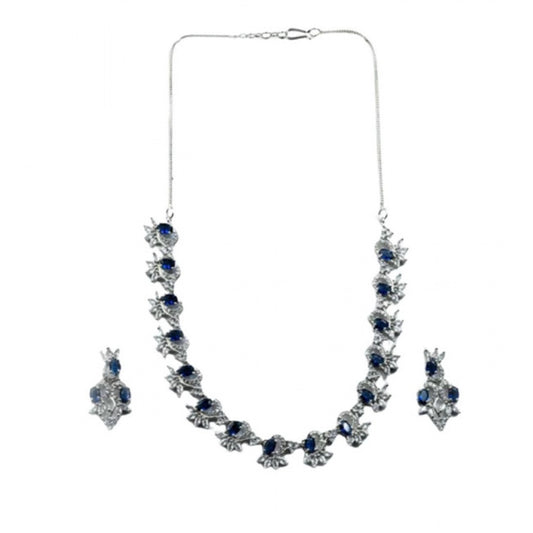 Women's Brass Silver Plated Necklace set (Blue)