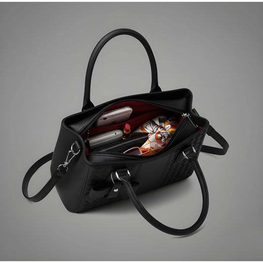 Women's PU Leather Solid Shoulder Zipper Handbag (Black)