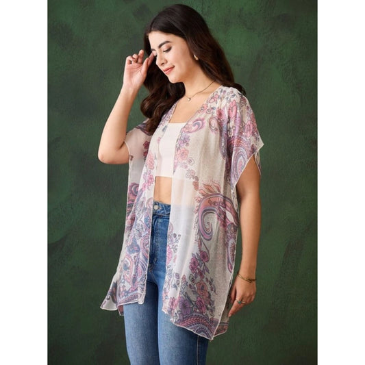Women's Chiffon Printed Short Sleeves Shrug (White - Purple)
