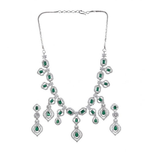 Women's Brass Silver Plated Necklace set (Green)