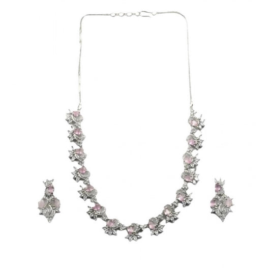 Women's Brass Silver Plated Necklace set (Pink)