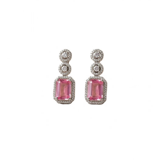 Women's Brass Silver Plated Drop Earrings (Pink)