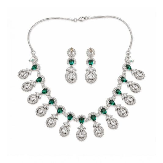 Women's Brass Silver Plated Necklace set (Green)