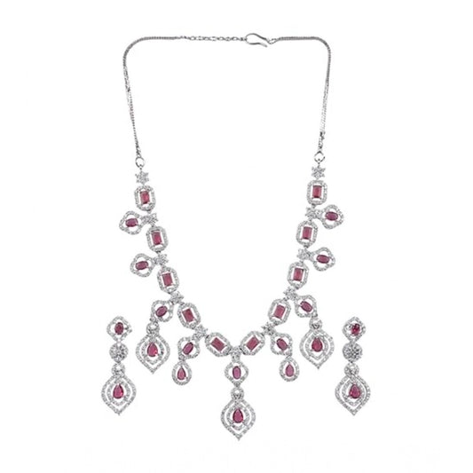 Women's Brass Silver Plated Necklace set (Red)