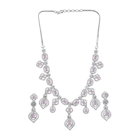 Women's Brass Silver Plated Necklace set (Pink)