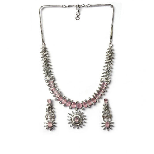 Women's Brass Silver Plated Necklace set (Pink)