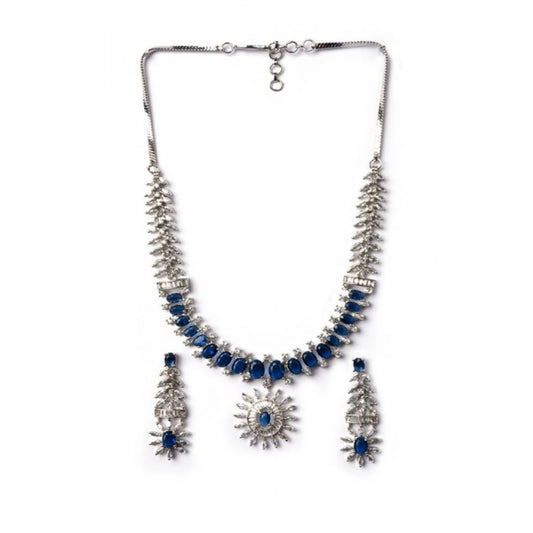 Women's Brass Silver Plated Necklace set (Blue)