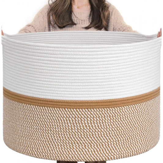 Cotton Dori 16x14 Inch Storage Basket For Clothes With Out Lid (White-Beige-White)