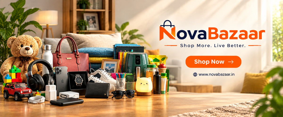 A promotional banner for NovaBazaar showing a variety of products arranged on a wooden table in a cozy living room setting. The products include a brown leather handbag, a red handbag, a teddy bear, headphones, a smartphone, a small toy car, and other daily accessories.